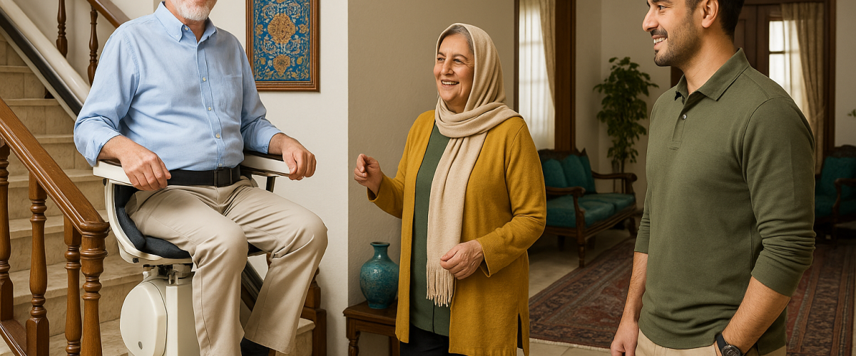 سالمند در حال استفاده از پلهپیما خانگی در خانهای مدرن ایرانی، در کنار خانواده و با چهرهای رضایتمند.