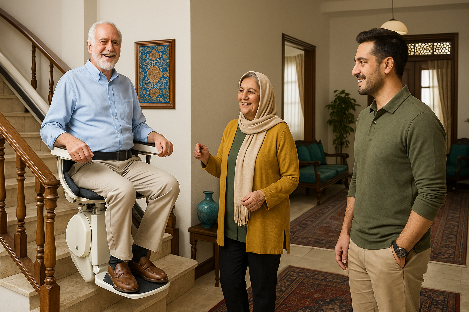 سالمند در حال استفاده از پله‌پیما خانگی در خانه‌ای مدرن ایرانی، در کنار خانواده و با چهره‌ای رضایتمند.