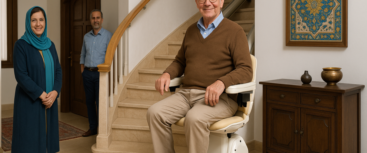 سالمند در حال استفاده از بالابر پله خانگی در خانهای مدرن با دکور ایرانی و نور طبیعی، همراه با خانوادهای خندان و فضایی گرم و رضایتمند.