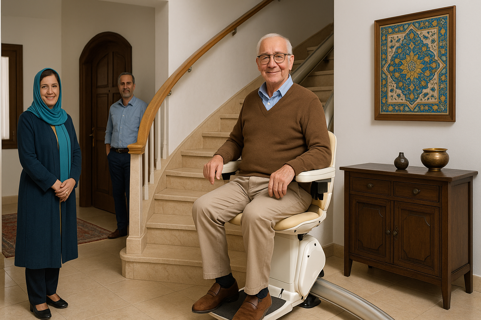 سالمند در حال استفاده از بالابر پله خانگی در خانه‌ای مدرن با دکور ایرانی و نور طبیعی، همراه با خانواده‌ای خندان و فضایی گرم و رضایتمند.
