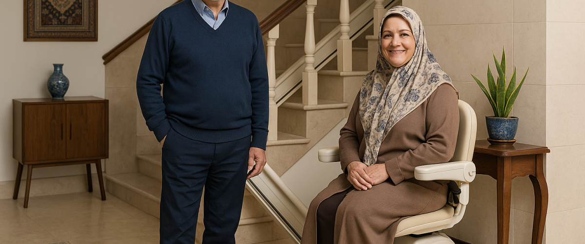 سالمند ایرانی در حال استفاده از پله‌پیما خانگی در خانه‌ای مدرن با دکور ایرانی و نور طبیعی؛ همراه با خانواده‌ای خندان و فضای گرم و رضایتمند.