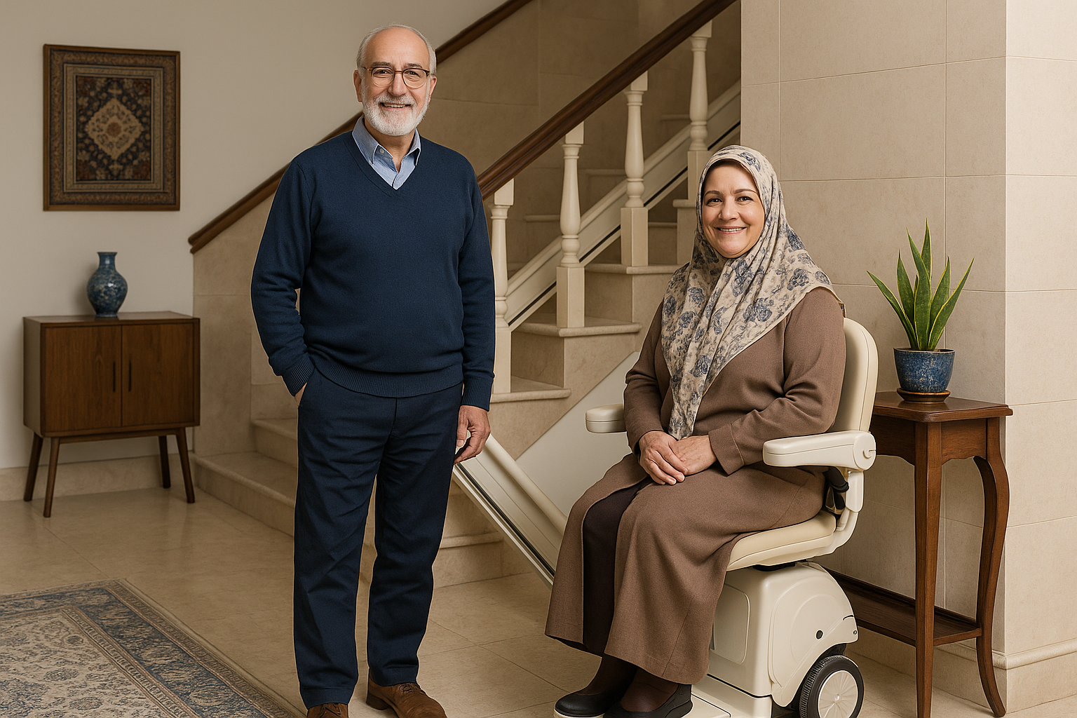 سالمند ایرانی در حال استفاده از پله‌پیما خانگی در خانه‌ای مدرن با دکور ایرانی و نور طبیعی؛ همراه با خانواده‌ای خندان و فضای گرم و رضایتمند.