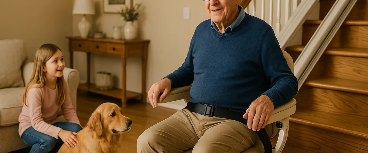 سالمند در حال استفاده از بالابر پله در خانه با همراهی خانواده – نکات ایمنی برای کودکان و حیوانات خانگی