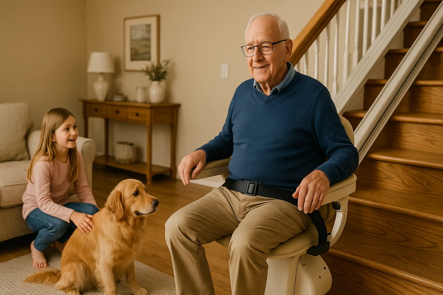 سالمند در حال استفاده از بالابر پله در خانه با همراهی خانواده – نکات ایمنی برای کودکان و حیوانات خانگی