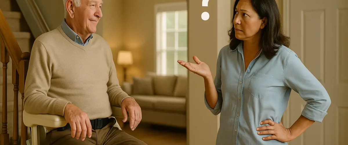 افسانه‌های رایج درباره بالابر پله – سالمند در حال استفاده از دستگاه و فردی که با تردید به آن نگاه می‌کند