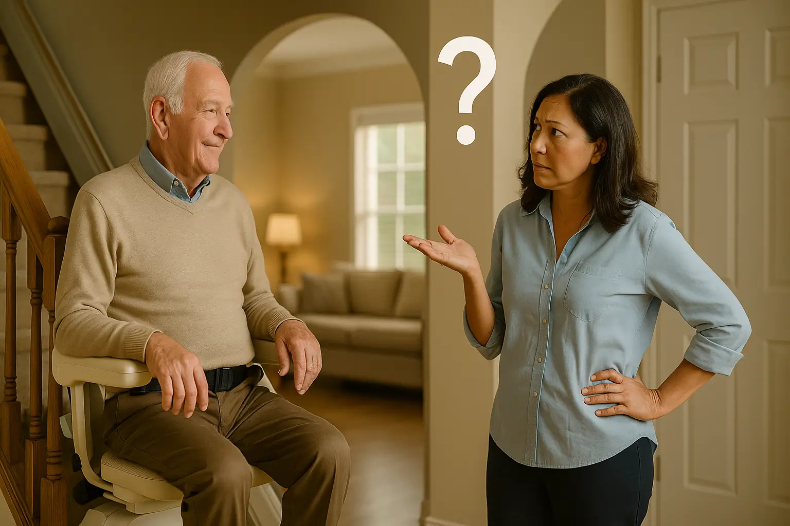 افسانه‌های رایج درباره بالابر پله – سالمند در حال استفاده از دستگاه و فردی که با تردید به آن نگاه می‌کند