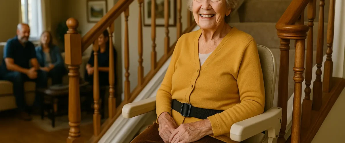 سالمند خوشحال در حال استفاده از بالابر پله در خانه – افزایش اعتمادبه‌نفس و احساس استقلال