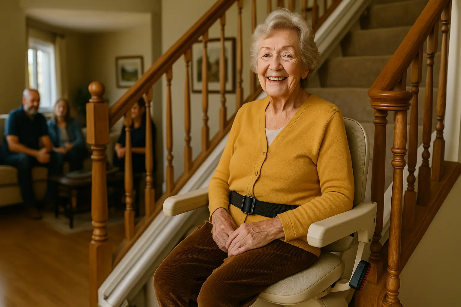سالمند خوشحال در حال استفاده از بالابر پله در خانه – افزایش اعتمادبه‌نفس و احساس استقلال