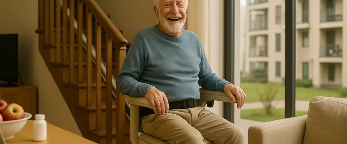 سالمند خوشحال در حال استفاده از بالابر پله در خانه روشن – نماد صرفه‌جویی در هزینه‌های مراقبت سلامت