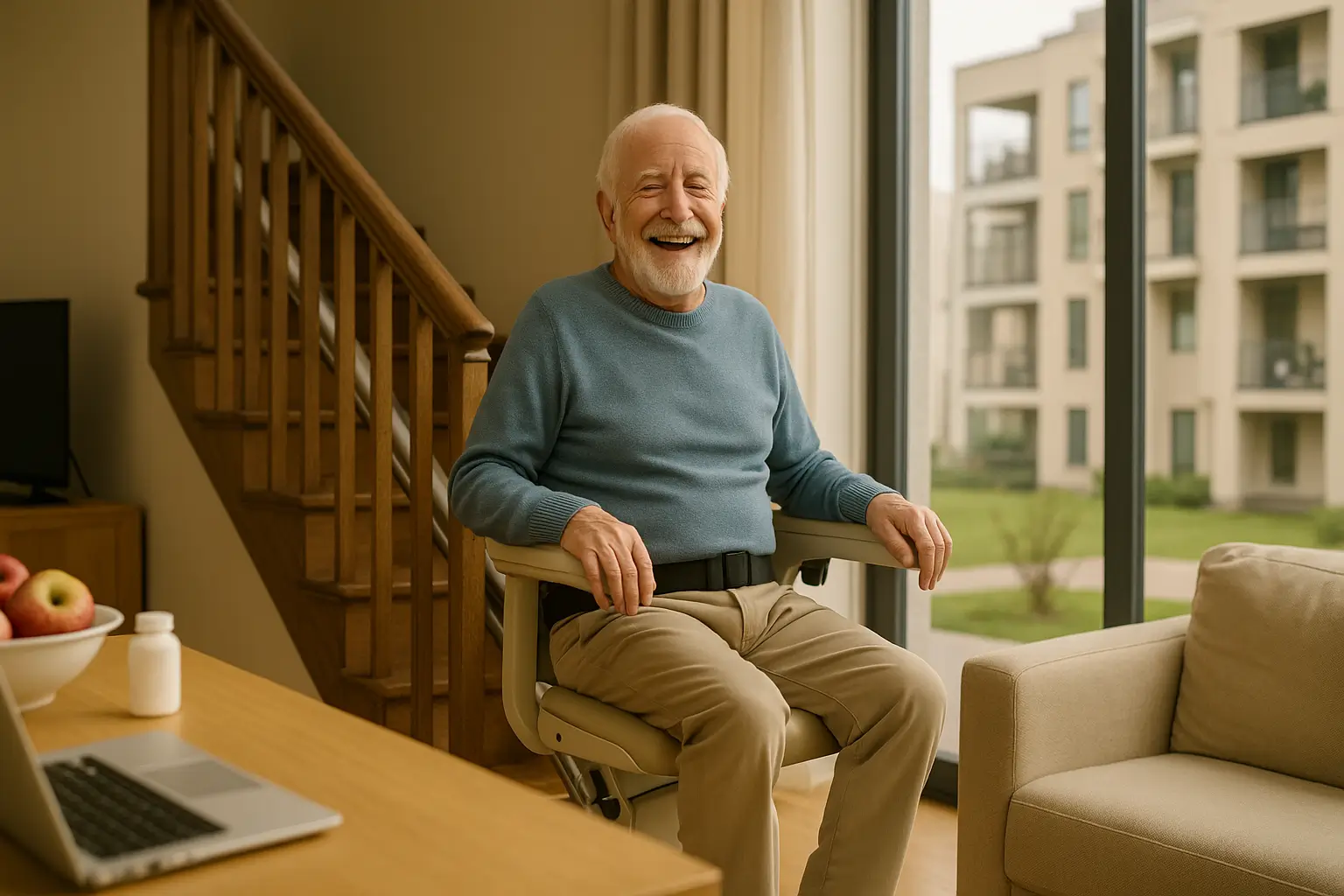 سالمند خوشحال در حال استفاده از بالابر پله در خانه روشن – نماد صرفه‌جویی در هزینه‌های مراقبت سلامت