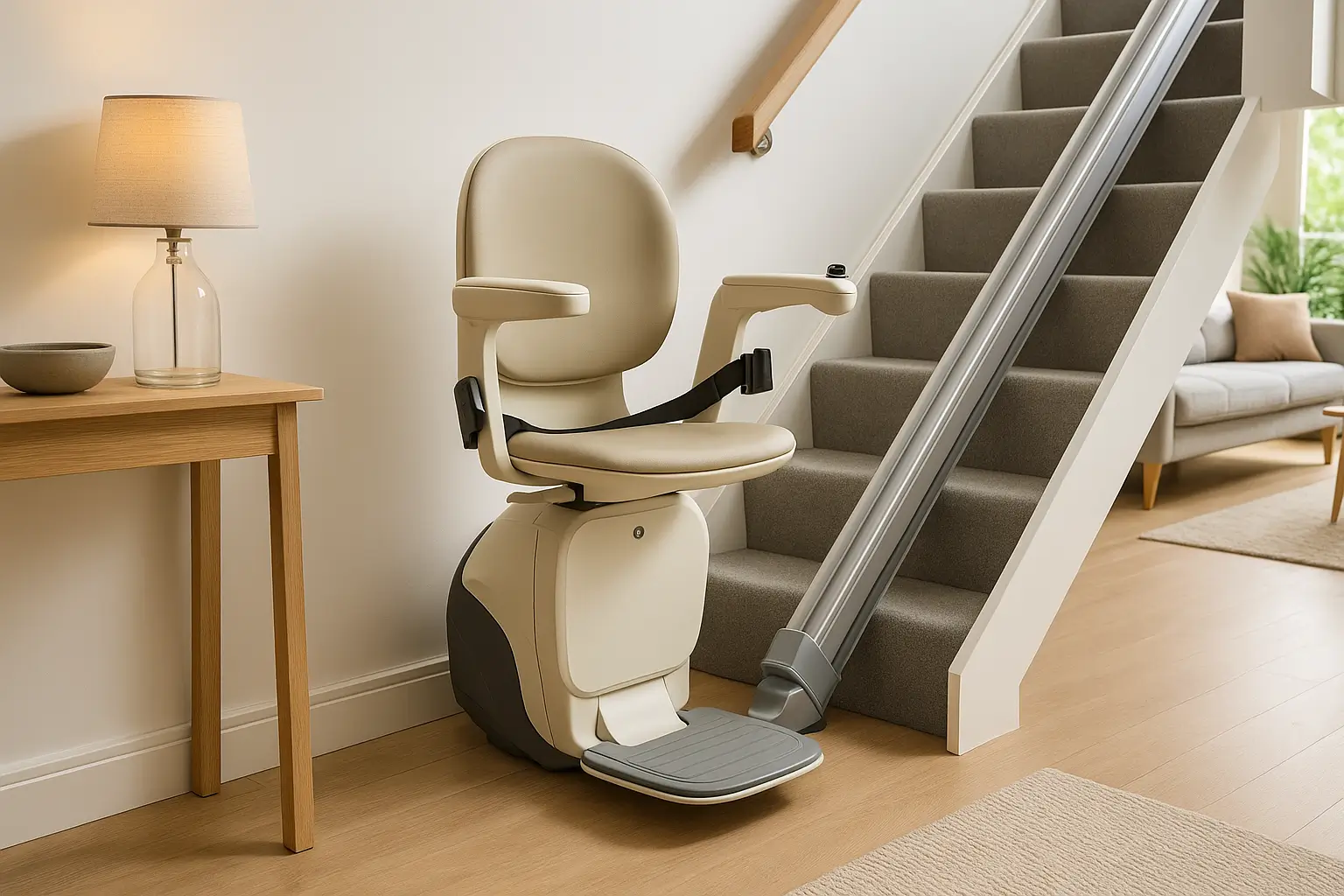 بالابر پله مدرن در خانه‌ای روشن با طراحی ایمن و راحت برای استفاده سالمندان