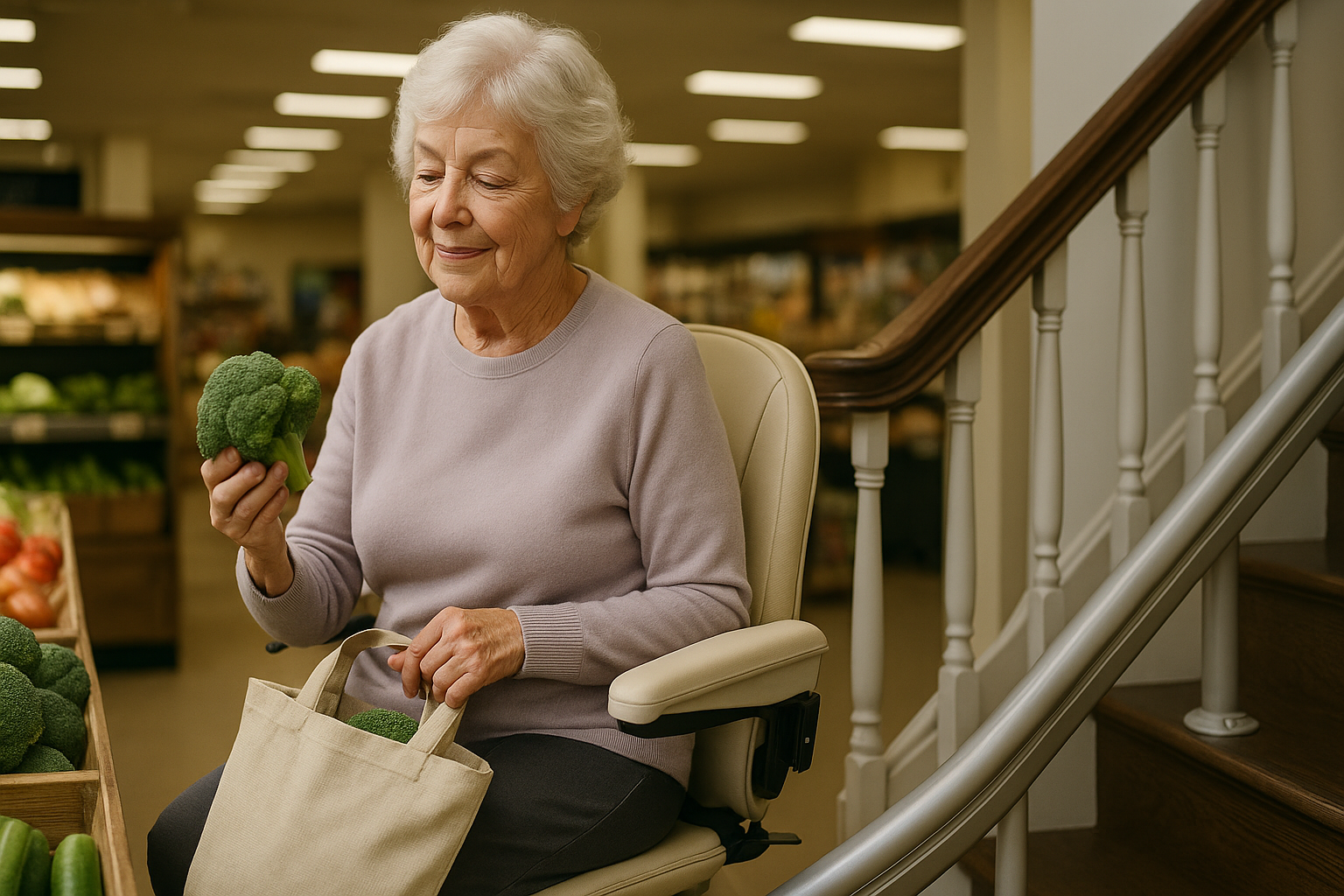 سالمند در حال استفاده از بالابر پله در خانه روشن و ایمن با طراحی مدرن