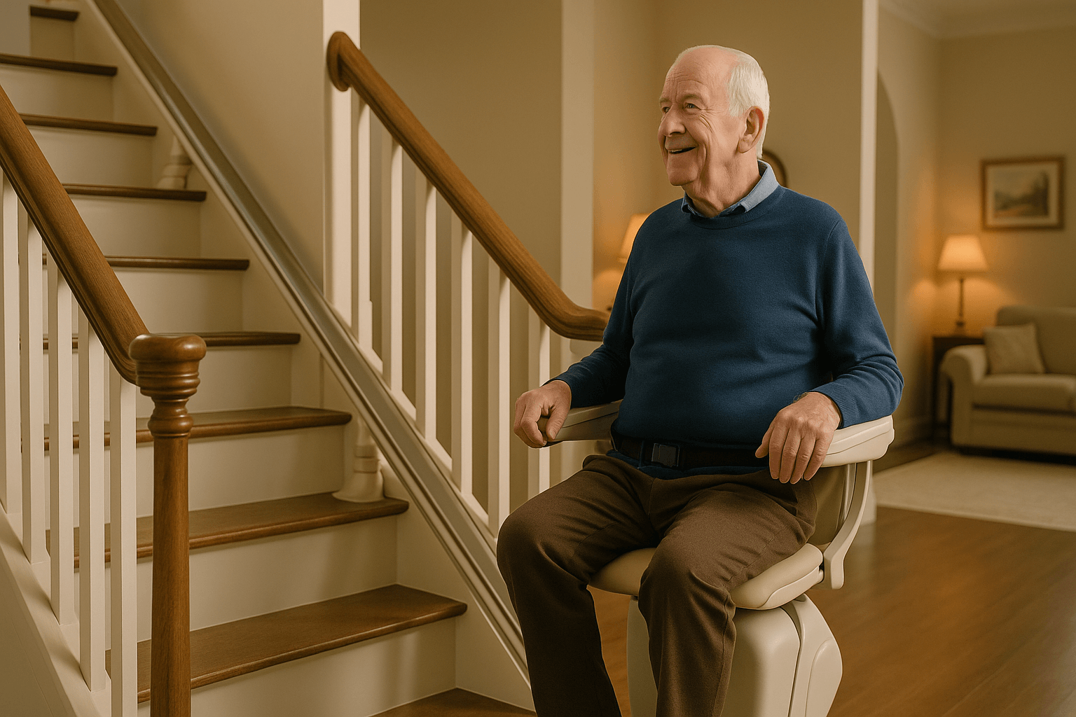 سالمند در حال استفاده از بالابر پله در خانه دوپلکس برای افزایش ایمنی و جلوگیری از افتادن