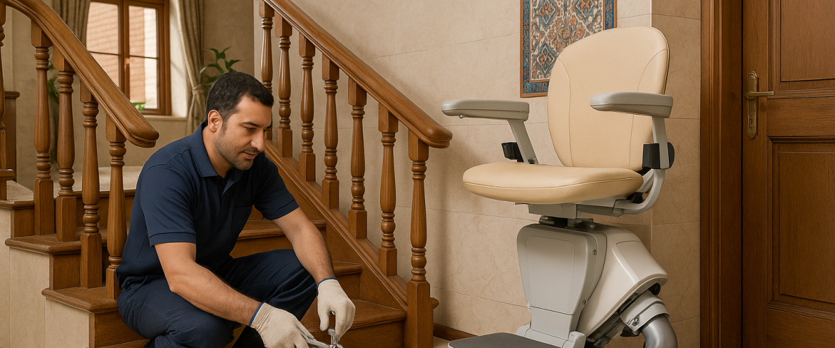 نصاب ایرانی در حال نصب پله‌پیما در خانه‌ای مدرن با دکور ایرانی و نور طبیعی، در کنار سالمندی خندان؛ فضای روشن، تمیز و واقعی.