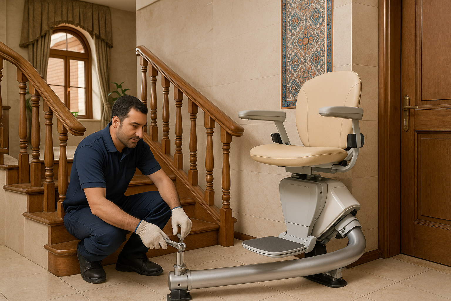 نصاب ایرانی در حال نصب پله‌پیما در خانه‌ای مدرن با دکور ایرانی و نور طبیعی، در کنار سالمندی خندان؛ فضای روشن، تمیز و واقعی.