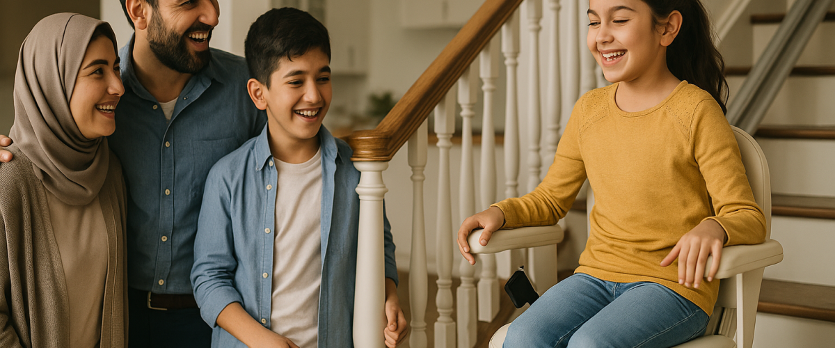 خانواده‌ای ایرانی در خانه‌ای مدرن و روشن کنار پله‌پیما ایستاده‌اند؛ دختربچه‌ای با لبخند روی صندلی پله‌پیما نشسته و والدین با شادی به او نگاه می‌کنند. فضا گرم، طبیعی و دارای المان‌های ایرانی است.