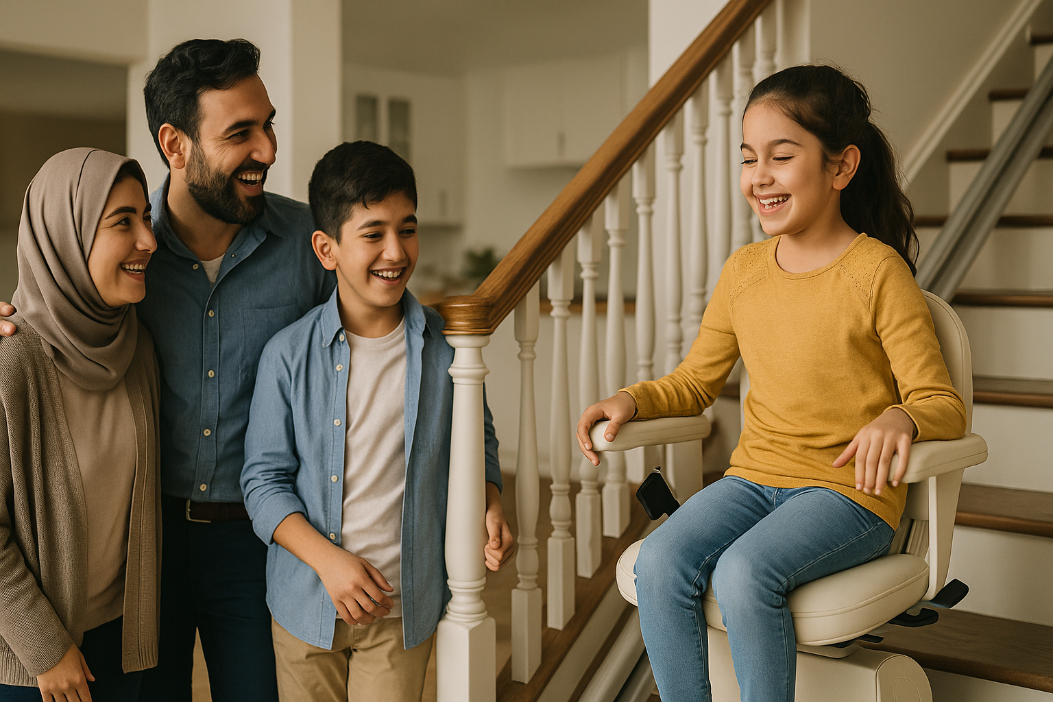 خانواده‌ای ایرانی در خانه‌ای مدرن و روشن کنار پله‌پیما ایستاده‌اند؛ دختربچه‌ای با لبخند روی صندلی پله‌پیما نشسته و والدین با شادی به او نگاه می‌کنند. فضا گرم، طبیعی و دارای المان‌های ایرانی است.