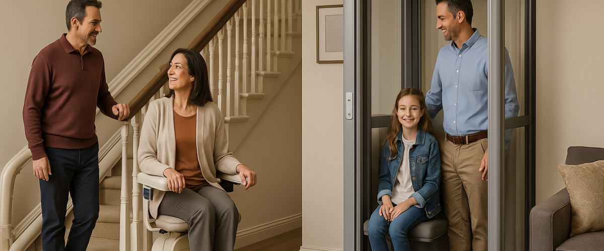 خانوادهای ایرانی در خانهای مدرن با طراحی گرم و نور طبیعی؛ مادر روی پلهپیما نشسته و پدر با لبخند در کنار او ایستاده، در حالیکه پدر دیگر و دختربچه در داخل هوملیفت قرار دارند. فضا روشن، جزئیات زیاد و دارای المانهای ایرانی است.