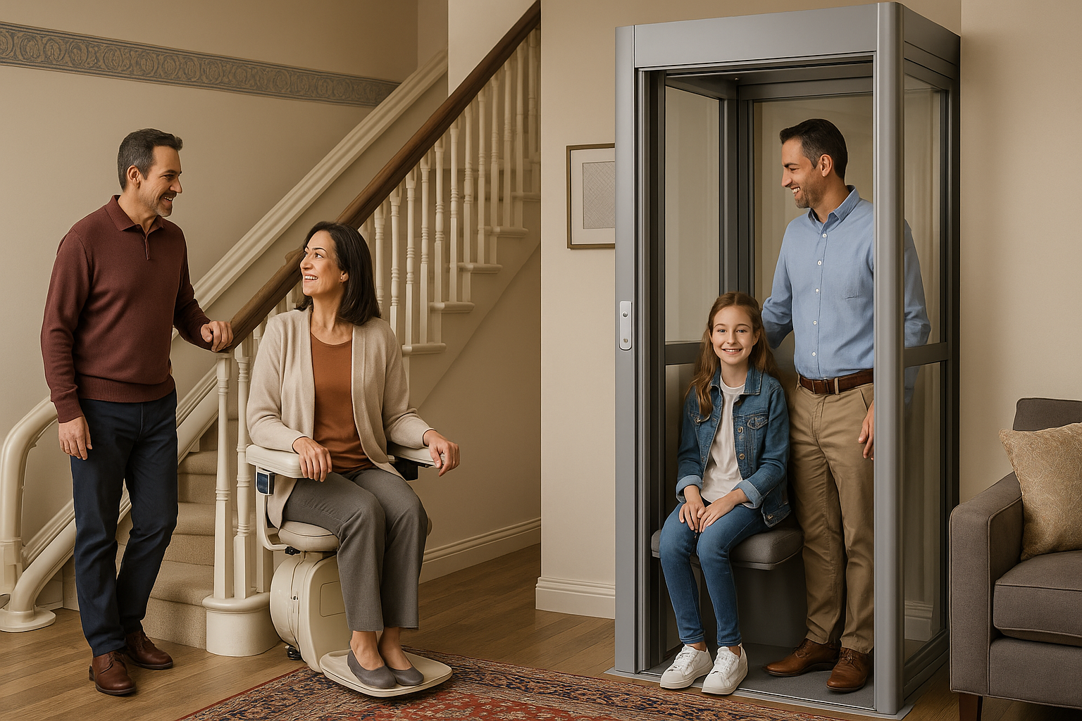 خانواده‌ای ایرانی در خانه‌ای مدرن با طراحی گرم و نور طبیعی؛ مادر روی پله‌پیما نشسته و پدر با لبخند در کنار او ایستاده، در حالی‌که پدر دیگر و دختربچه در داخل هوم‌لیفت قرار دارند. فضا روشن، جزئیات زیاد و دارای المان‌های ایرانی است.