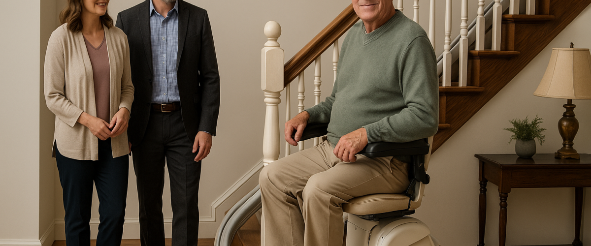 «سالمند ایرانی در حال استفاده از پله‌پیما در خانه‌ای مدرن با طراحی گرم و خانوادگی؛ حس آرامش و استقلال در فضای خانه.»