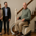 «سالمند ایرانی در حال استفاده از پله‌پیما در خانه‌ای مدرن با طراحی گرم و خانوادگی؛ حس آرامش و استقلال در فضای خانه.»