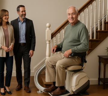 «سالمند ایرانی در حال استفاده از پله‌پیما در خانه‌ای مدرن با طراحی گرم و خانوادگی؛ حس آرامش و استقلال در فضای خانه.»