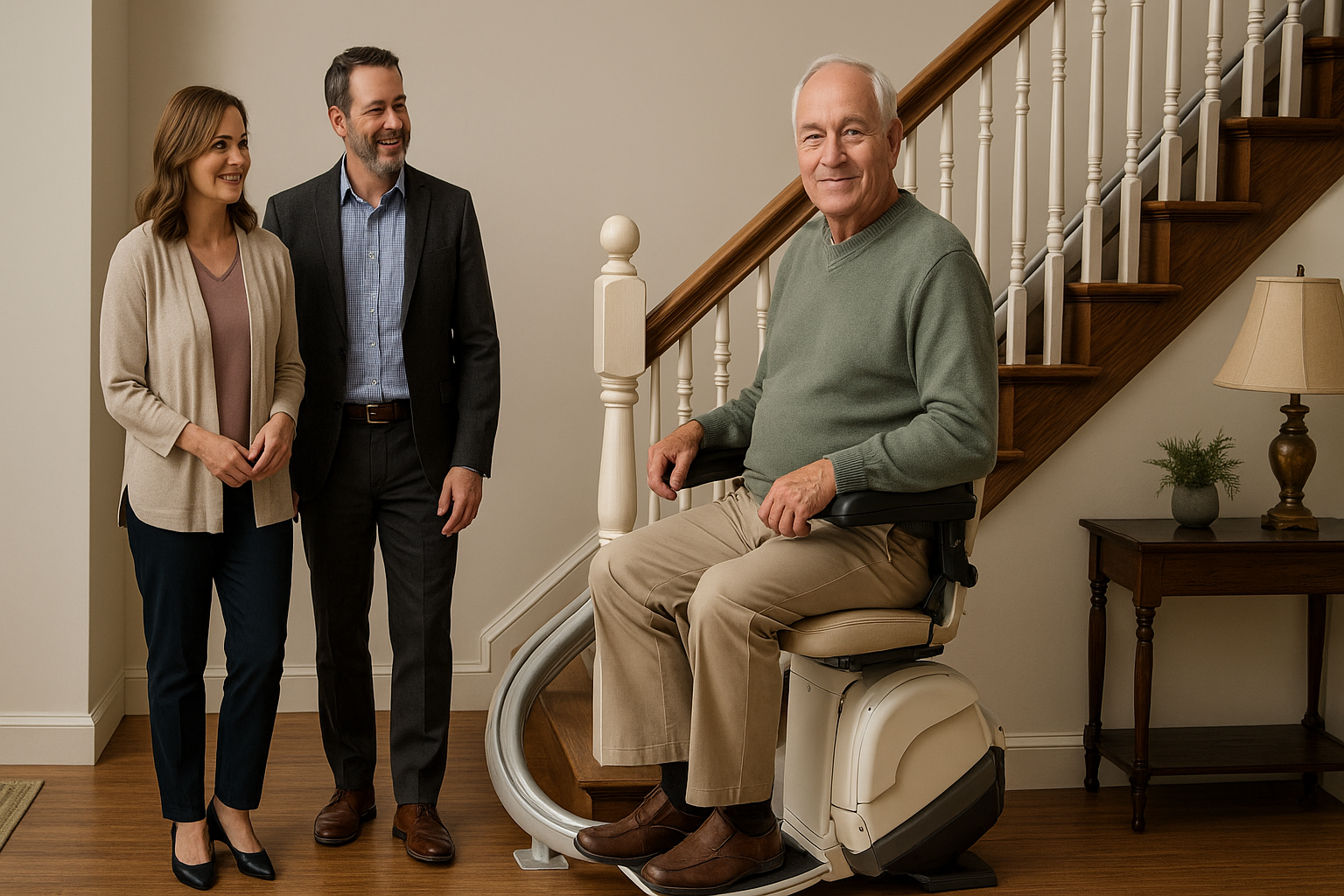 «سالمند ایرانی در حال استفاده از پله‌پیما در خانه‌ای مدرن با طراحی گرم و خانوادگی؛ حس آرامش و استقلال در فضای خانه.»