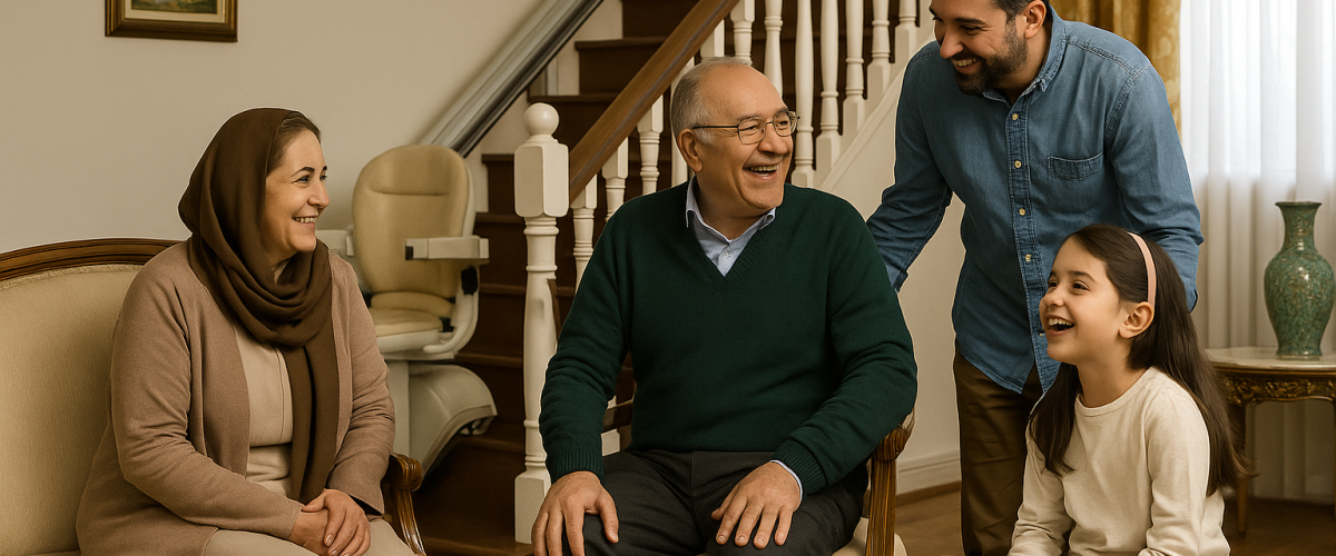 «خانوادهای ایرانی شامل پدربزرگ، مادربزرگ، پسر و نوه در یک خانه دوبلکس مدرن کنار پلهپیما نشستهاند و با لبخند گفتوگو میکنند؛ نور طبیعی و المانهای ایرانی در فضا دیده میشود.»