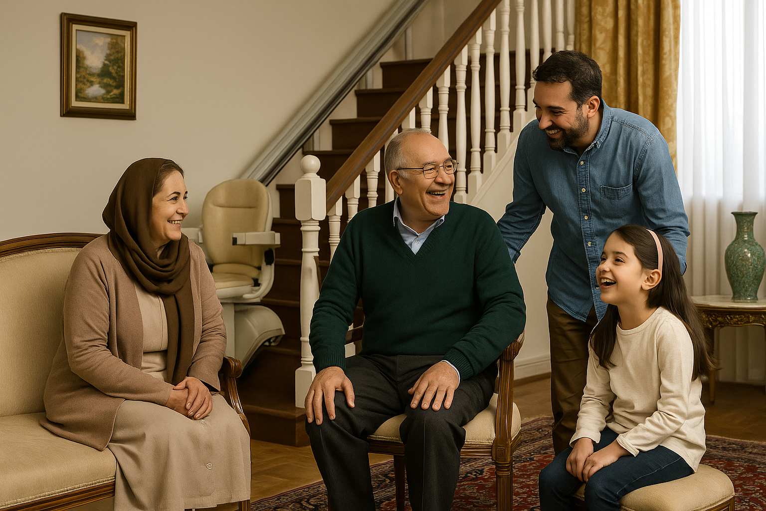 «خانواده‌ای ایرانی شامل پدربزرگ، مادربزرگ، پسر و نوه در یک خانه دوبلکس مدرن کنار پله‌پیما نشسته‌اند و با لبخند گفت‌وگو می‌کنند؛ نور طبیعی و المان‌های ایرانی در فضا دیده می‌شود.»
