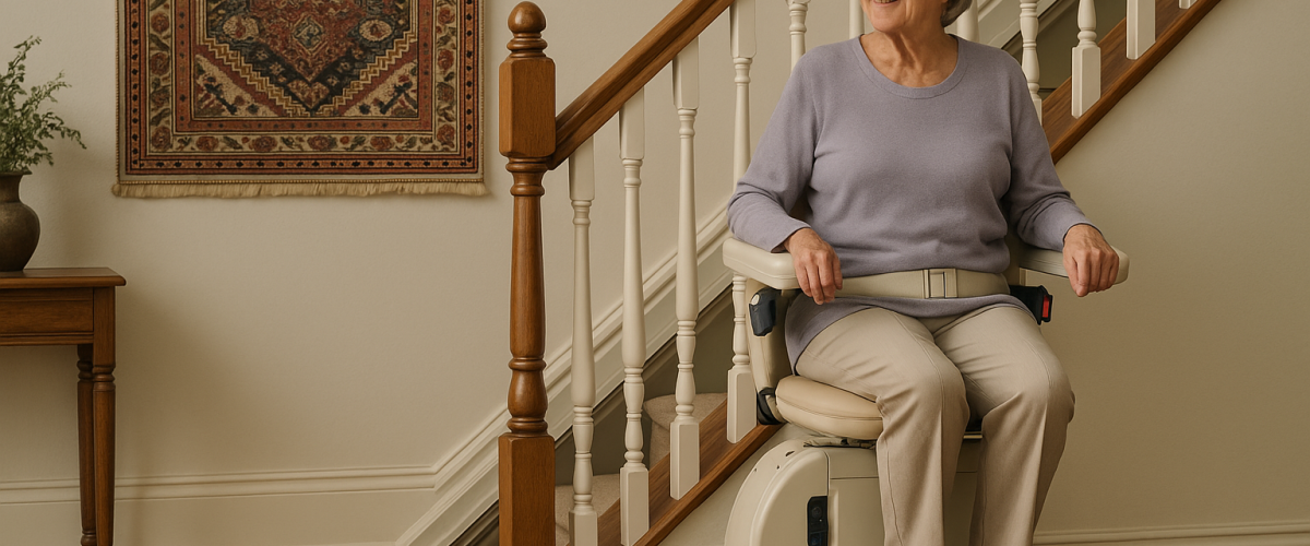 «سالمند ایرانی با لبخند روی پلهپیما نشسته و بهصورت ایمن از پله پایین میآید؛ محیط خانه روشن، گرم و دارای فرش ایرانی است.»