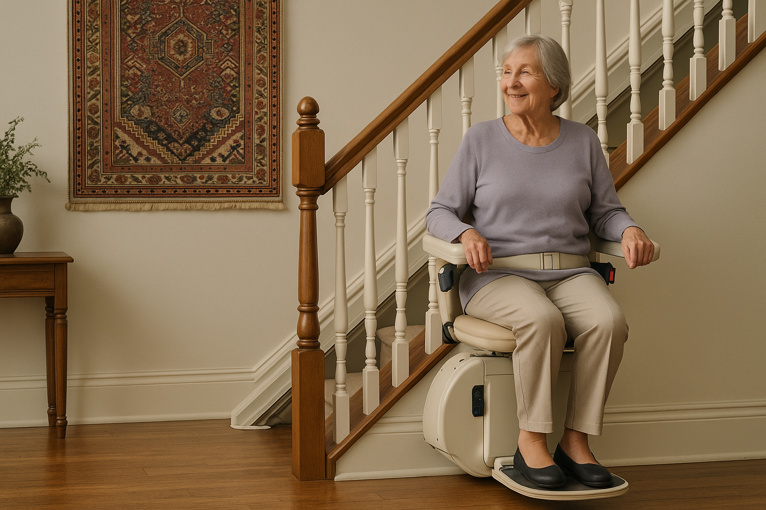 «سالمند ایرانی با لبخند روی پله‌پیما نشسته و به‌صورت ایمن از پله پایین می‌آید؛ محیط خانه روشن، گرم و دارای فرش ایرانی است.»