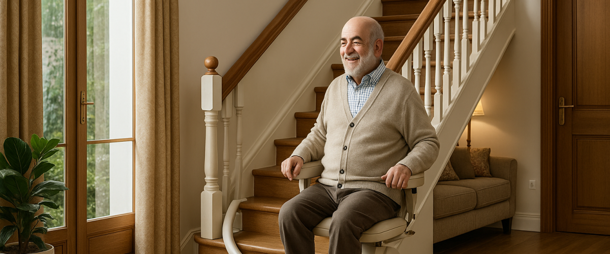 «سالمند ایرانی با لبخند روی پله‌پیما در خانه‌ای دوبلکس نشسته است؛ نور طبیعی، فرش ایرانی و طراحی گرم فضا، حس ایمنی و آرامش را منتقل می‌کند.»