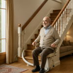 «سالمند ایرانی با لبخند روی پله‌پیما در خانه‌ای دوبلکس نشسته است؛ نور طبیعی، فرش ایرانی و طراحی گرم فضا، حس ایمنی و آرامش را منتقل می‌کند.»