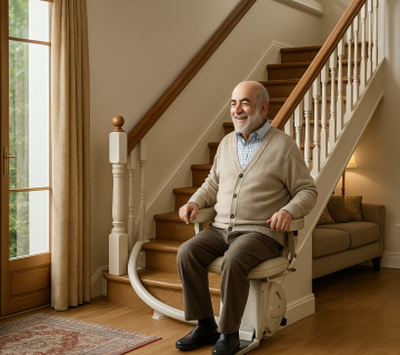 «سالمند ایرانی با لبخند روی پله‌پیما در خانه‌ای دوبلکس نشسته است؛ نور طبیعی، فرش ایرانی و طراحی گرم فضا، حس ایمنی و آرامش را منتقل می‌کند.»