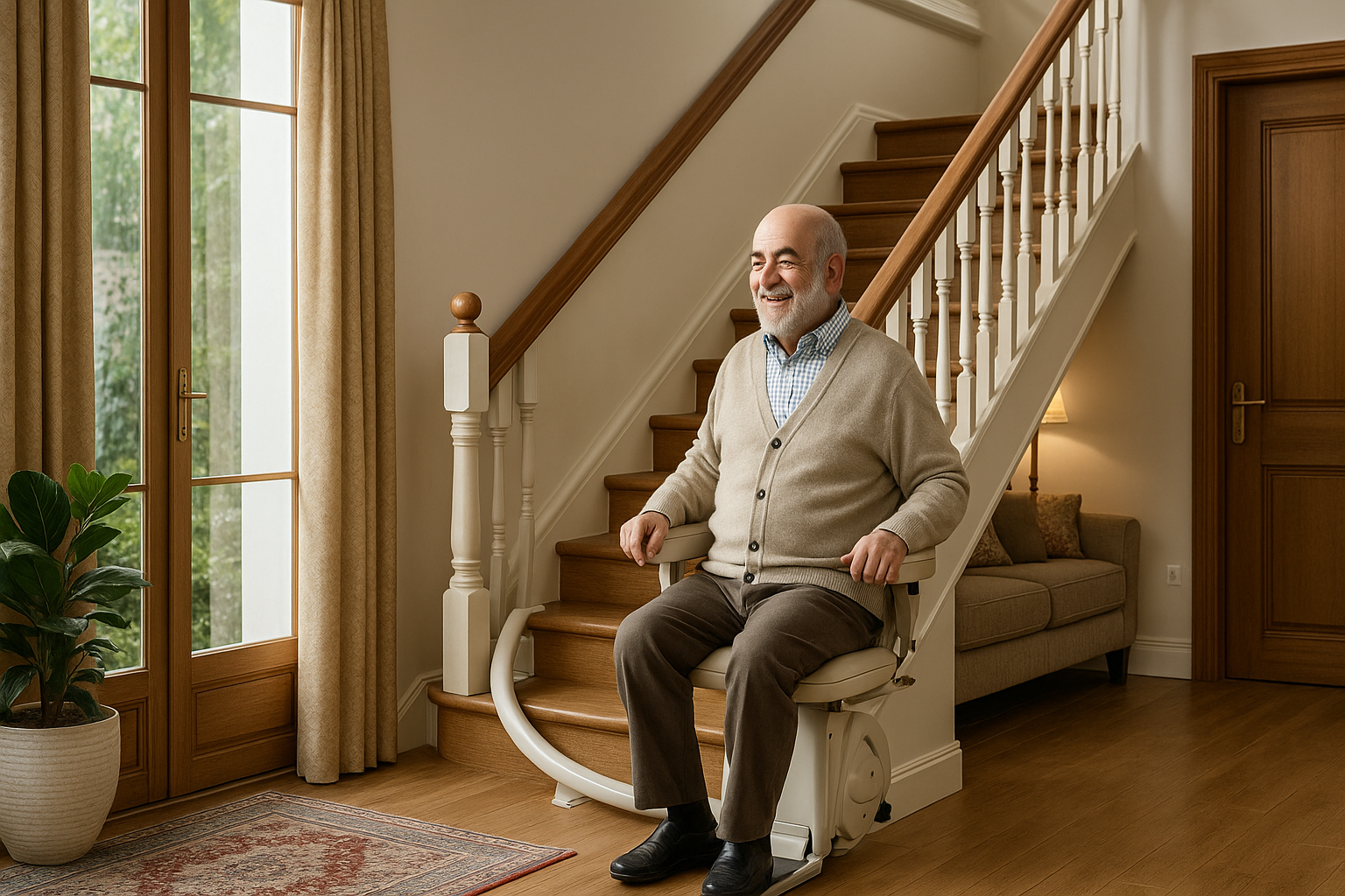 «سالمند ایرانی با لبخند روی پله‌پیما در خانه‌ای دوبلکس نشسته است؛ نور طبیعی، فرش ایرانی و طراحی گرم فضا، حس ایمنی و آرامش را منتقل می‌کند.»