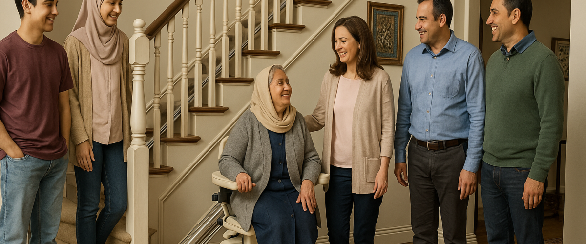 «خانواده‌ای چندنسلی ایرانی در خانه‌ای مدرن با پله‌پیما، در محیطی روشن و دل‌نشین با المان‌های معماری ایرانی، در حال استفاده از دستگاه با احساس رضایت و آرامش»