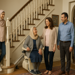 «خانواده‌ای چندنسلی ایرانی در خانه‌ای مدرن با پله‌پیما، در محیطی روشن و دل‌نشین با المان‌های معماری ایرانی، در حال استفاده از دستگاه با احساس رضایت و آرامش»