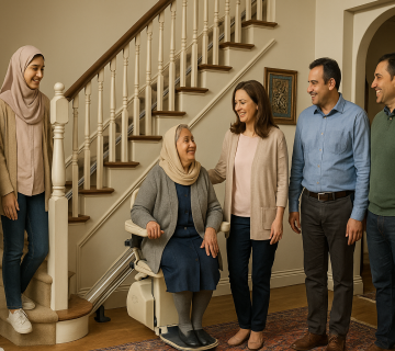 «خانواده‌ای چندنسلی ایرانی در خانه‌ای مدرن با پله‌پیما، در محیطی روشن و دل‌نشین با المان‌های معماری ایرانی، در حال استفاده از دستگاه با احساس رضایت و آرامش»