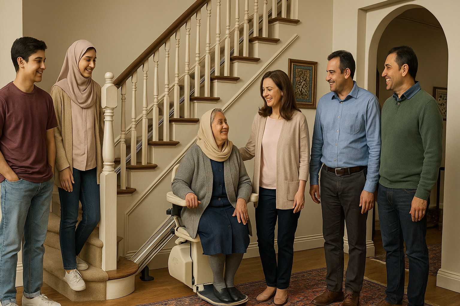 «خانواده‌ای چندنسلی ایرانی در خانه‌ای مدرن با پله‌پیما، در محیطی روشن و دل‌نشین با المان‌های معماری ایرانی، در حال استفاده از دستگاه با احساس رضایت و آرامش»
