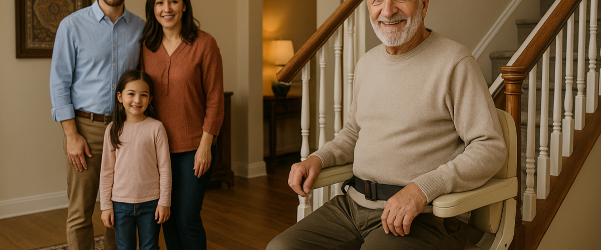 «خانواده‌ای ایرانی در خانه‌ای مدرن با نور طبیعی و طراحی داخلی گرم، در حال استفاده از پله‌پیما روی راه‌پله باریک؛ محیط دارای فرش ایرانی و جزئیات معماری سنتی–مدرن است.»