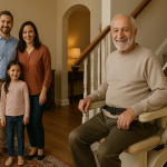 «خانواده‌ای ایرانی در خانه‌ای مدرن با نور طبیعی و طراحی داخلی گرم، در حال استفاده از پله‌پیما روی راه‌پله باریک؛ محیط دارای فرش ایرانی و جزئیات معماری سنتی–مدرن است.»