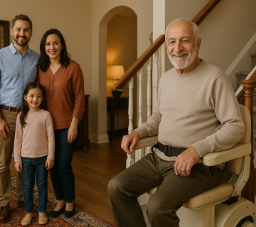 «خانواده‌ای ایرانی در خانه‌ای مدرن با نور طبیعی و طراحی داخلی گرم، در حال استفاده از پله‌پیما روی راه‌پله باریک؛ محیط دارای فرش ایرانی و جزئیات معماری سنتی–مدرن است.»