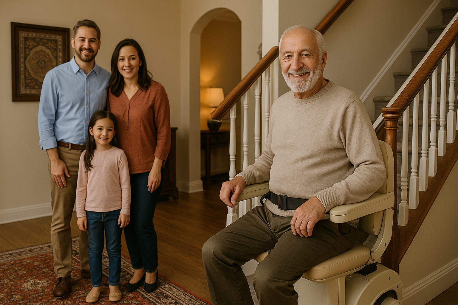 «خانواده‌ای ایرانی در خانه‌ای مدرن با نور طبیعی و طراحی داخلی گرم، در حال استفاده از پله‌پیما روی راه‌پله باریک؛ محیط دارای فرش ایرانی و جزئیات معماری سنتی–مدرن است.»