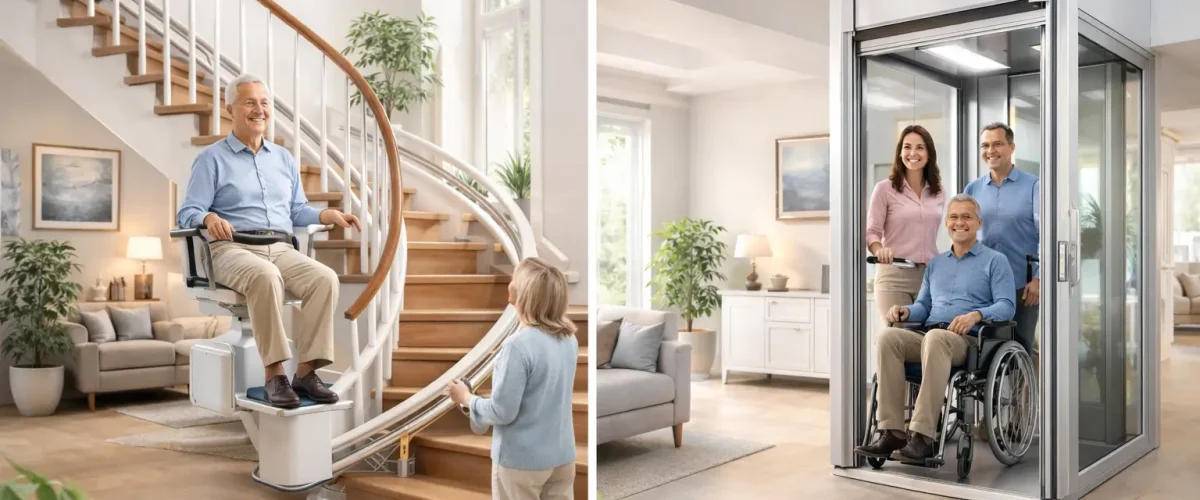 مقایسه نامحسوس بالابر پله و هوملیفت در یک خانه مدرن؛ سمت چپ سالمند روی پلهپیما و سمت راست کاربر ویلچر داخل هوملیفت