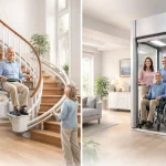 مقایسه نامحسوس بالابر پله و هوم‌لیفت در یک خانه مدرن؛ سمت چپ سالمند روی پله‌پیما و سمت راست کاربر ویلچر داخل هوم‌لیفت